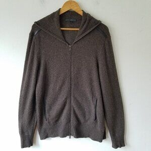 John Varvatos 100% Cashmere Leather Trim Full Zip Hooded Sweater Brown Large